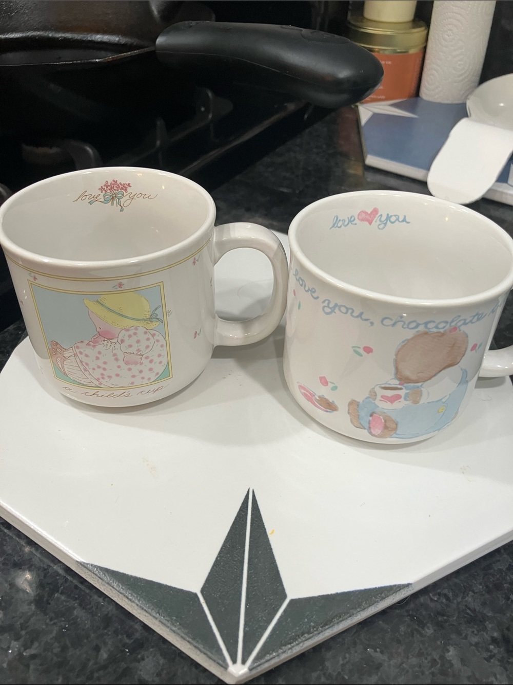 Vintage Mini Toddler “Love You” Teddy Bear & Floral Mugs Set of 2